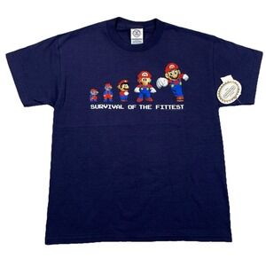 Vintage Nintendo Mario Survival Of The Fittest T-Shirt Blue Youth Large NWT